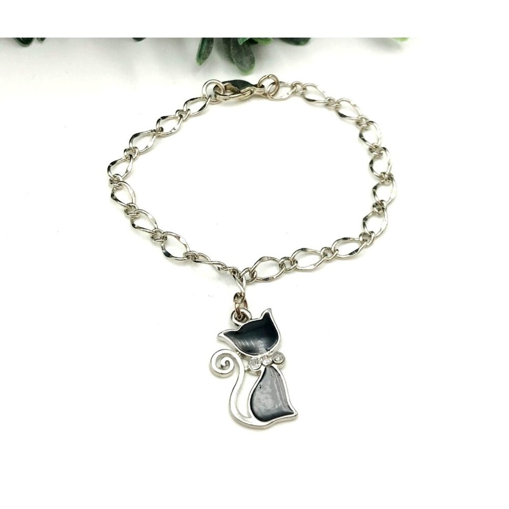 Silver-Tone Cat Charm Bracelet With Black Enamel Accents & Delicate Chain Design